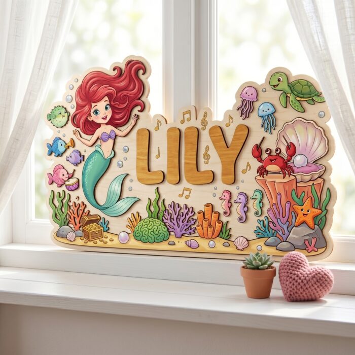 3D Layered Wood Name Sign | Personalized The Little Mermaid  | Custom Kids Room Wooden Wall Art - Image 4