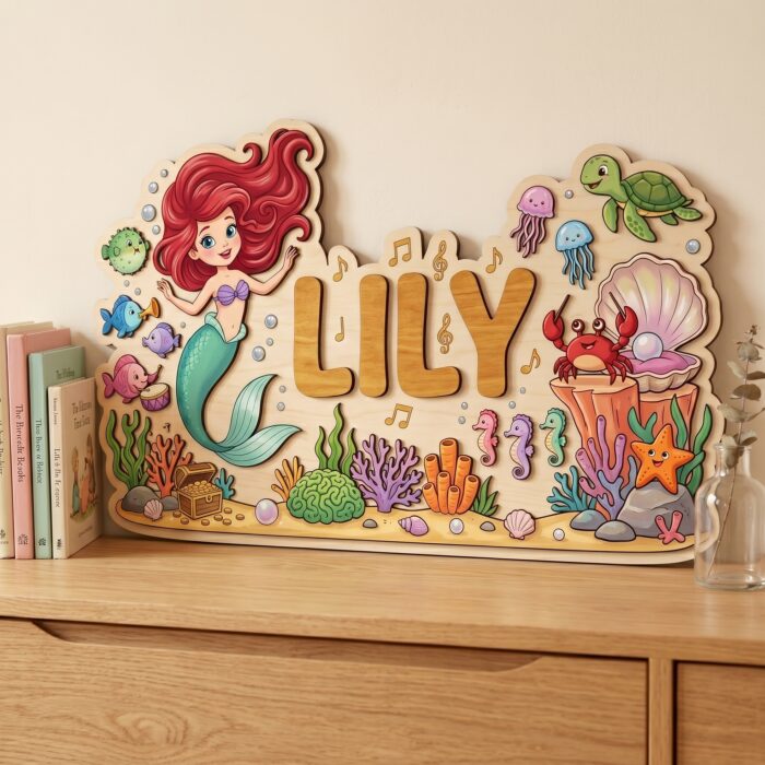 3D Layered Wood Name Sign | Personalized The Little Mermaid  | Custom Kids Room Wooden Wall Art - Image 5