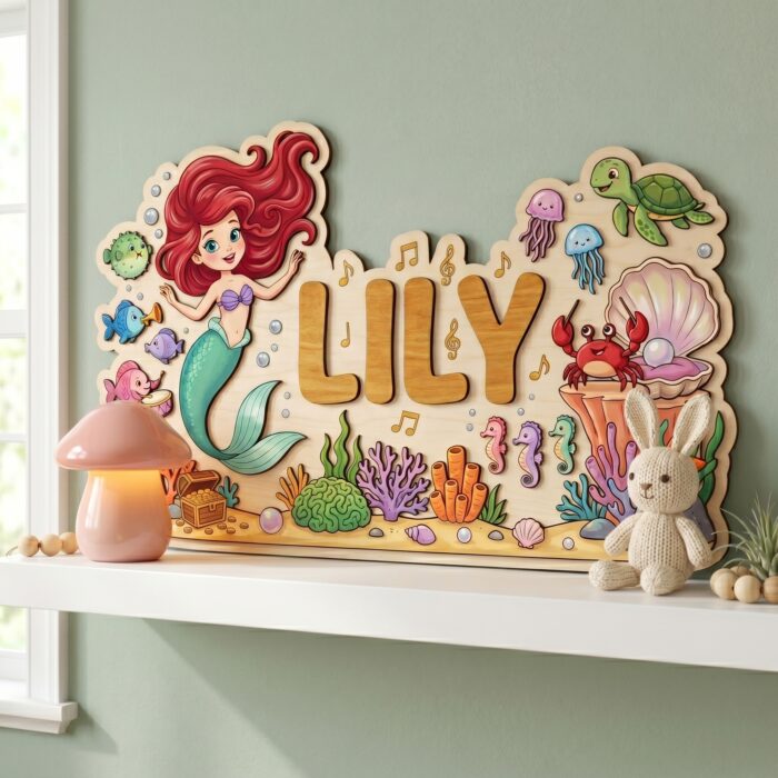 3D Layered Wood Name Sign | Personalized The Little Mermaid  | Custom Kids Room Wooden Wall Art - Image 6