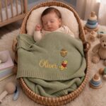 Custom Pooh Balloon Embroidered Baby Blanket, Personalized Name Disney Pooh Tigger Piglet Blanket, Gift For Newborn