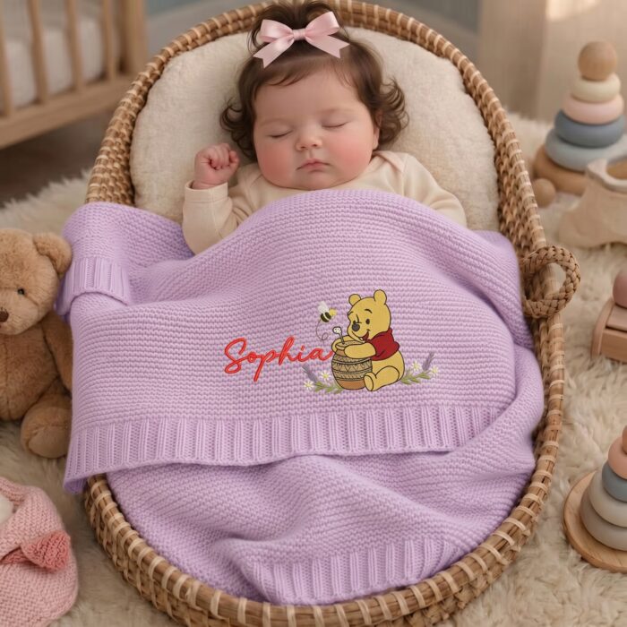 Custom Winnie the Pooh Embroidered Baby Blanket, Personalized Name Disney Honey Pooh Bear Blanket, Gift For Newborn - Image 5