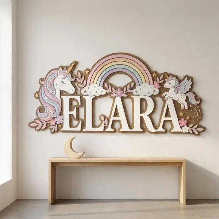 Personalized Unicorn and Rainbow 3D Name Sign for Nursery, Custom Kids Wooden Baby Name Plate, Wall Decor Gift - Image 5