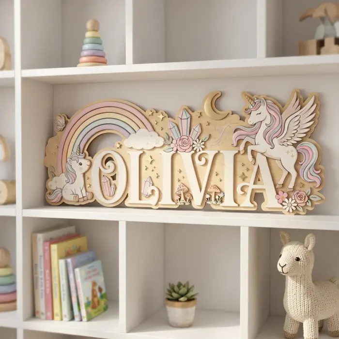 Personalized Unicorn Baby Name Sign, 3D Wood Rainbow Nursery Decor - Image 2