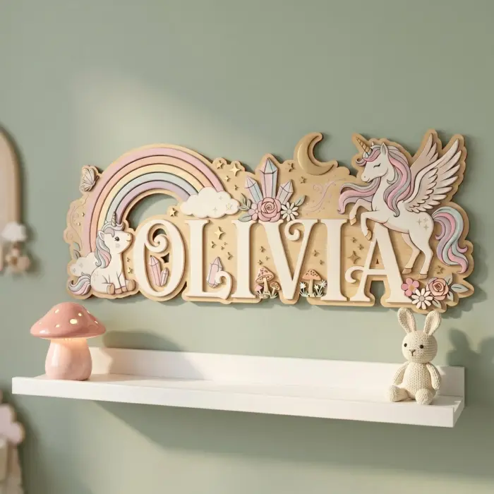 Personalized Unicorn Baby Name Sign, 3D Wood Rainbow Nursery Decor - Image 3