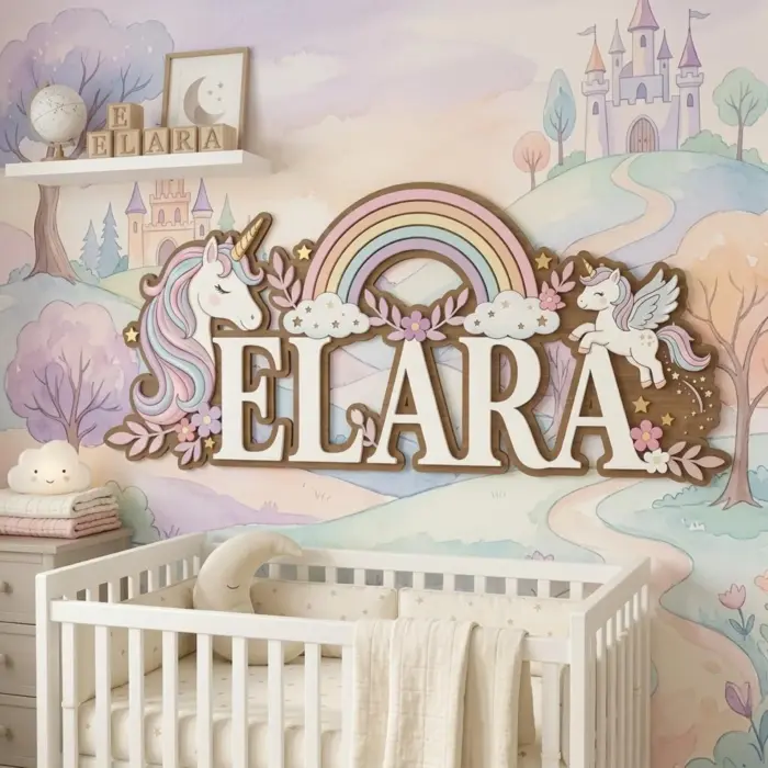 Personalized Unicorn and Rainbow 3D Name Sign for Nursery, Custom Kids Wooden Baby Name Plate, Wall Decor Gift - Image 2
