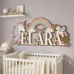Personalized Unicorn and Rainbow 3D Name Sign for Nursery, Custom Kids Wooden Baby Name Plate, Wall Decor Gift