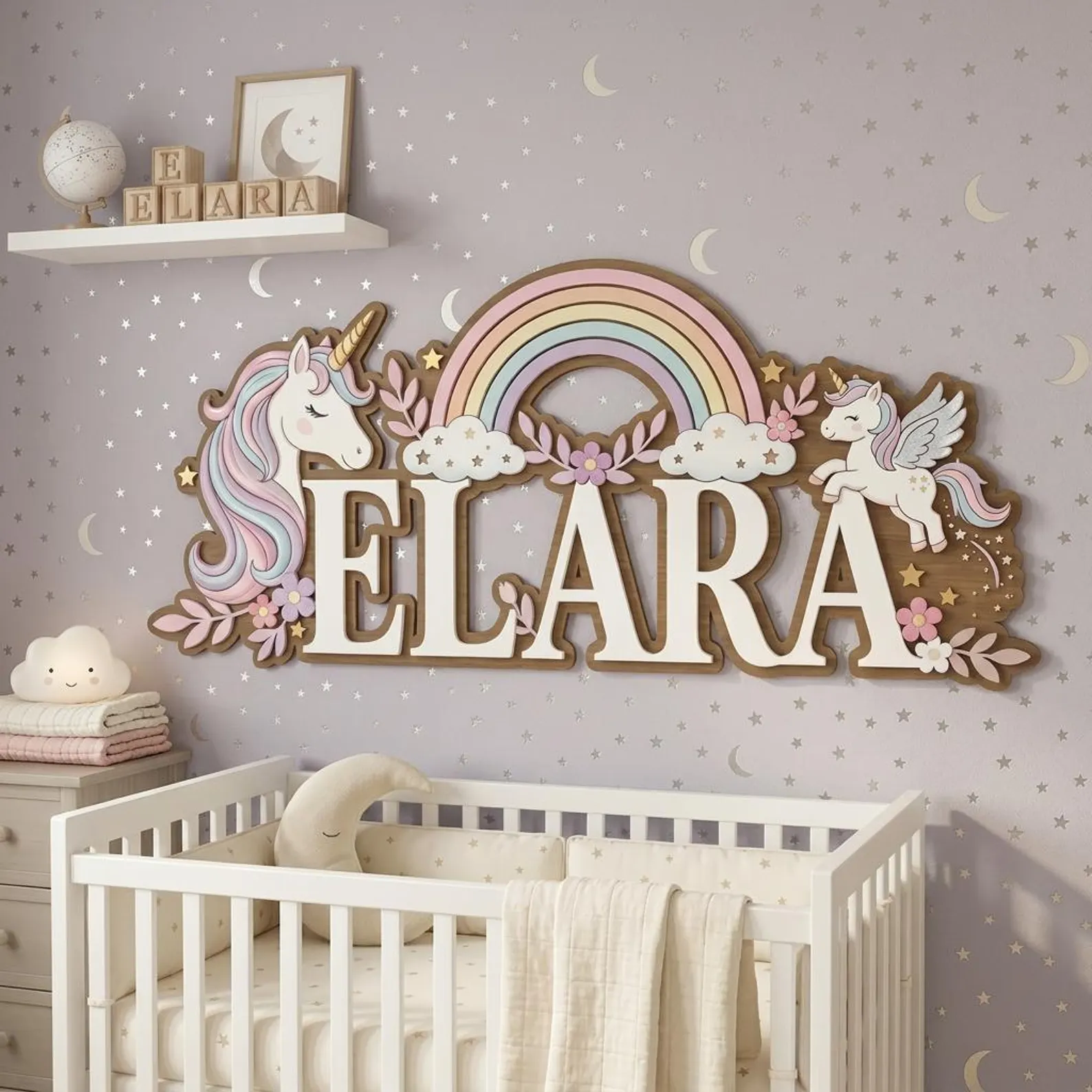 il_1588xN.7955081843_ryl0 Personalized Unicorn and Rainbow 3D Name Sign for Nursery, Custom Kids Wooden Baby Name Plate, Wall Decor Gift - Image 1
