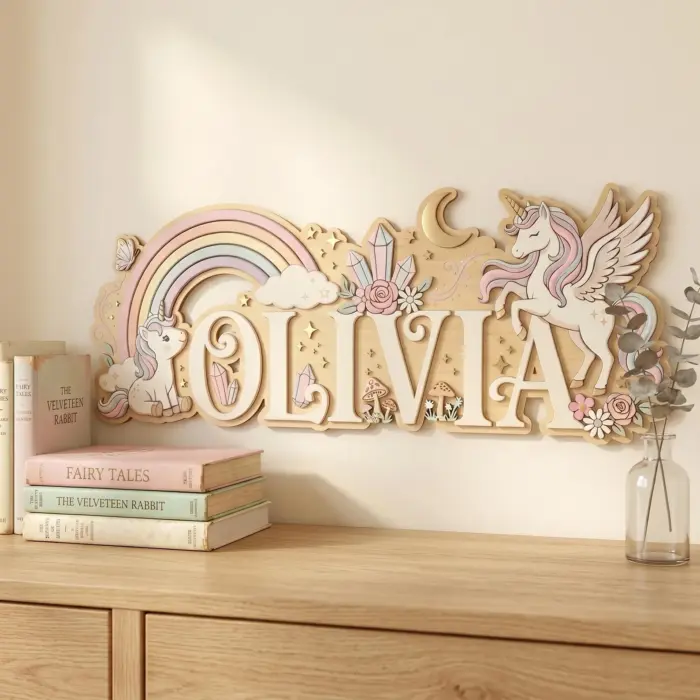 Personalized Unicorn Baby Name Sign, 3D Wood Rainbow Nursery Decor - Image 4