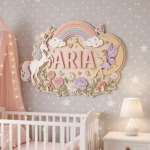 Custom 3D Unicorn Name Sign Wood, Personalized Fairy Rainbow Baby Girl Nursery Wall Decor