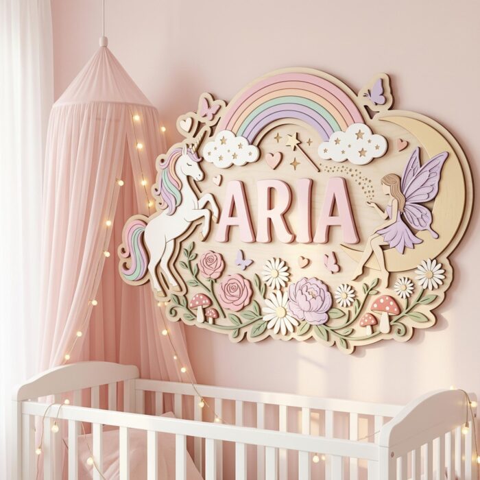 Custom 3D Unicorn Name Sign Wood, Personalized Fairy Rainbow Baby Girl Nursery Wall Decor - Image 2