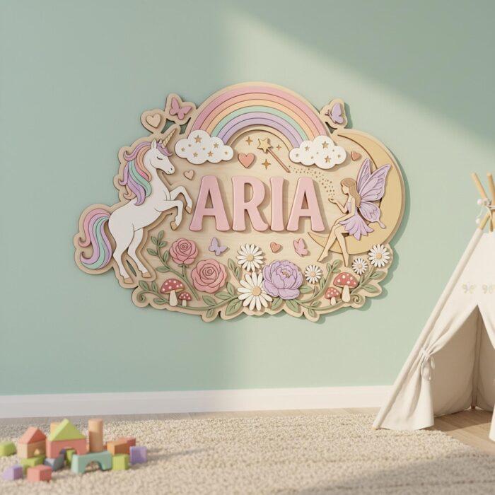 Custom 3D Unicorn Name Sign Wood, Personalized Fairy Rainbow Baby Girl Nursery Wall Decor - Image 3