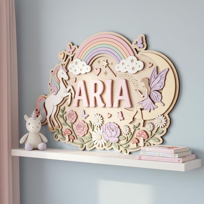 Custom 3D Unicorn Name Sign Wood, Personalized Fairy Rainbow Baby Girl Nursery Wall Decor - Image 4