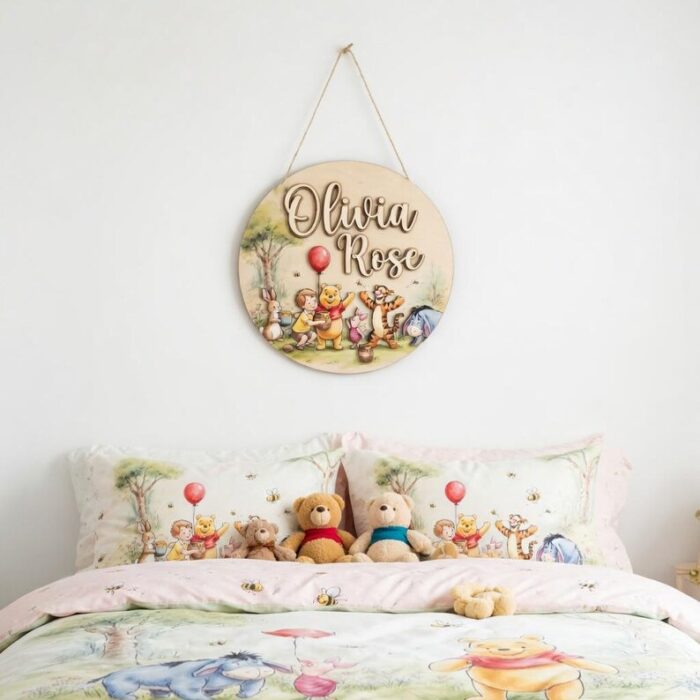 Personalized Winnie the Pooh Name Sign, Custom Wooden Nursery Decor, Pooh and Friends Wall Art, Vintage Pooh Plaque, Newborn Baby Gift - Image 3