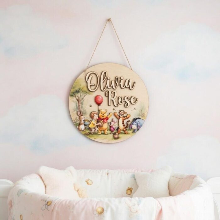 Personalized Winnie the Pooh Name Sign, Custom Wooden Nursery Decor, Pooh and Friends Wall Art, Vintage Pooh Plaque, Newborn Baby Gift - Image 4