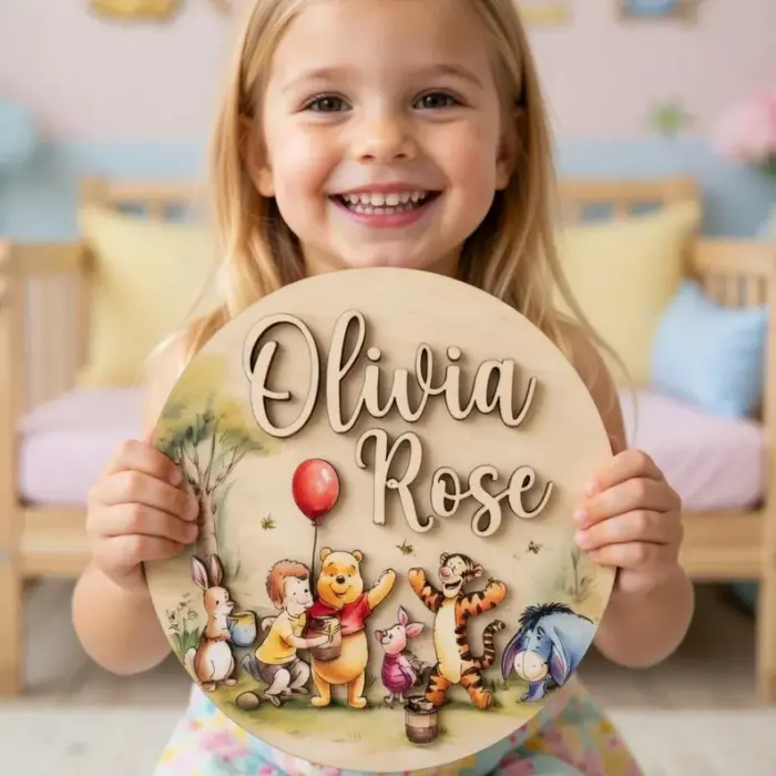 Personalized Winnie the Pooh Name Sign, Custom Wooden Nursery Decor, Pooh and Friends Wall Art, Vintage Pooh Plaque, Newborn Baby Gift - Image 2