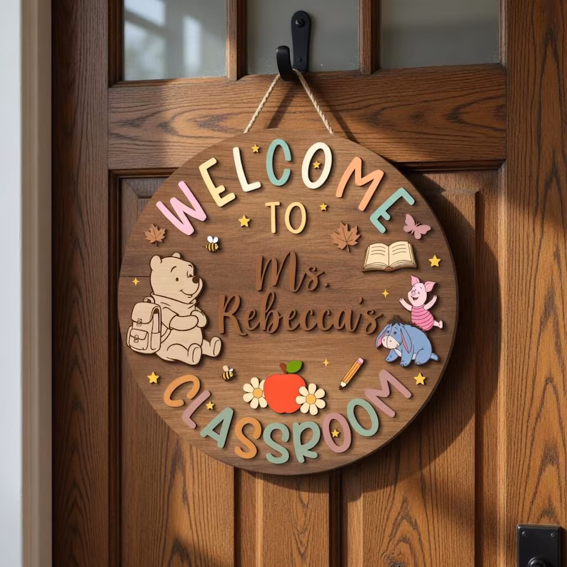 il_794xN.7935518130_gnkv Personalized Winnie the Pooh Classroom Sign, Custom Teacher Name Wood Plaque, Hundred Acre Wood School Decor, Classic Pooh Door Hanger - Image 1