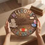 Personalized Winnie the Pooh Classroom Sign, Custom Teacher Name Wood Plaque, Hundred Acre Wood School Decor, Classic Pooh Door Hanger - Image 2
