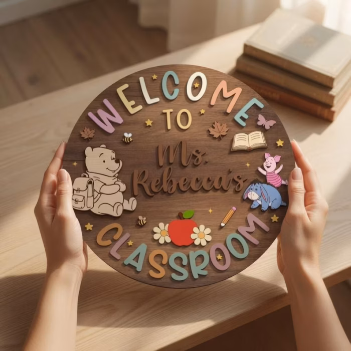 Personalized Winnie the Pooh Classroom Sign, Custom Teacher Name Wood Plaque, Hundred Acre Wood School Decor, Classic Pooh Door Hanger - Image 2
