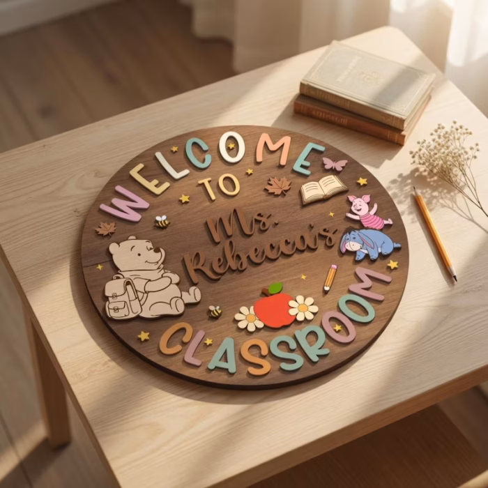 Personalized Winnie the Pooh Classroom Sign, Custom Teacher Name Wood Plaque, Hundred Acre Wood School Decor, Classic Pooh Door Hanger - Image 3