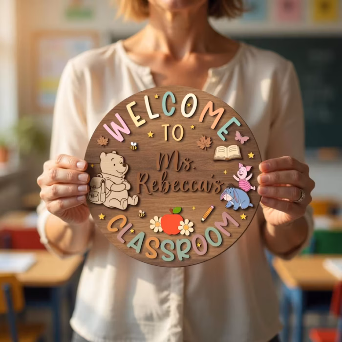 Personalized Winnie the Pooh Classroom Sign, Custom Teacher Name Wood Plaque, Hundred Acre Wood School Decor, Classic Pooh Door Hanger - Image 4