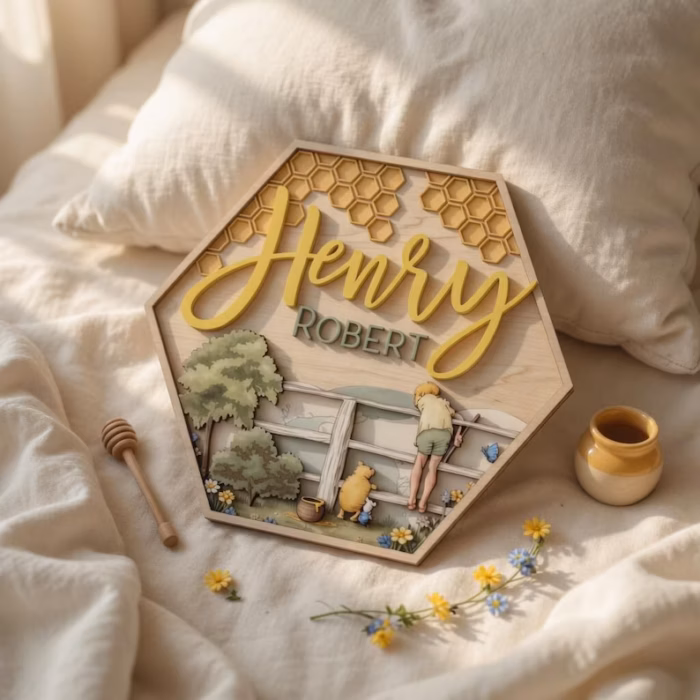 Custom Hexagon Nursery Name Sign, 3D Layered Wood Storybook Plaque, Vintage Pooh Inspired Name Sign, Personalized Honeycomb Nursery Decor - Image 2