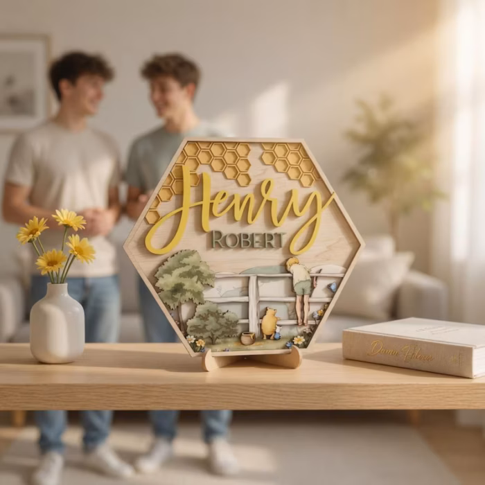 Custom Hexagon Nursery Name Sign, 3D Layered Wood Storybook Plaque, Vintage Pooh Inspired Name Sign, Personalized Honeycomb Nursery Decor - Image 3
