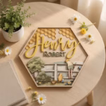 Custom Hexagon Nursery Name Sign, 3D Layered Wood Storybook Plaque, Vintage Pooh Inspired Name Sign, Personalized Honeycomb Nursery Decor - Image 5