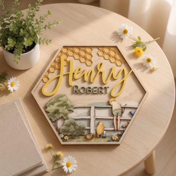 Custom Hexagon Nursery Name Sign, 3D Layered Wood Storybook Plaque, Vintage Pooh Inspired Name Sign, Personalized Honeycomb Nursery Decor - Image 5