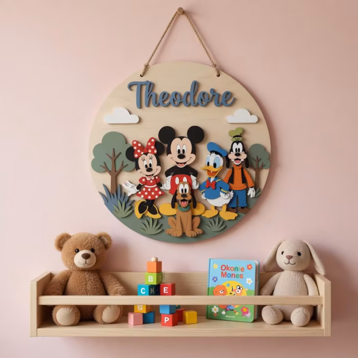 Disney Mickey and Friends Personalized Wooden Name Sign, Custom Kids Door Hanger, Nursery Room Decor with Minnie Donald Goofy Pluto - Image 4