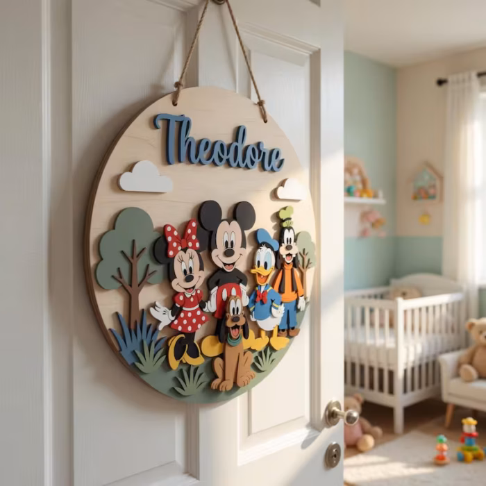 Disney Mickey and Friends Personalized Wooden Name Sign, Custom Kids Door Hanger, Nursery Room Decor with Minnie Donald Goofy Pluto - Image 3
