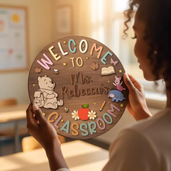 Personalized Winnie the Pooh Classroom Sign, Custom Teacher Name Wood Plaque, Hundred Acre Wood School Decor, Classic Pooh Door Hanger - Image 5