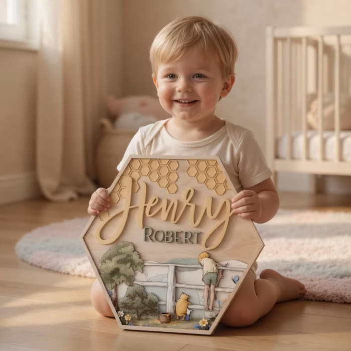 Custom Hexagon Nursery Name Sign, 3D Layered Wood Storybook Plaque, Vintage Pooh Inspired Name Sign, Personalized Honeycomb Nursery Decor - Image 6