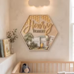 Custom Hexagon Nursery Name Sign, 3D Layered Wood Storybook Plaque, Vintage Pooh Inspired Name Sign, Personalized Honeycomb Nursery Decor