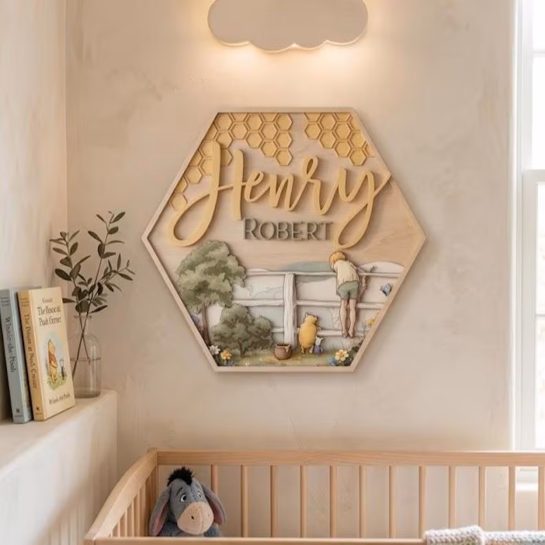 il_794xN.7984646102_h48x Custom Hexagon Nursery Name Sign, 3D Layered Wood Storybook Plaque, Vintage Pooh Inspired Name Sign, Personalized Honeycomb Nursery Decor - Image 1