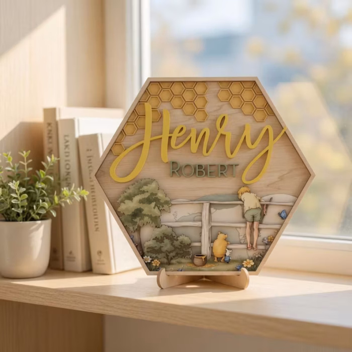 Custom Hexagon Nursery Name Sign, 3D Layered Wood Storybook Plaque, Vintage Pooh Inspired Name Sign, Personalized Honeycomb Nursery Decor - Image 8