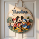 Disney Mickey and Friends Personalized Wooden Name Sign, Custom Kids Door Hanger, Nursery Room Decor with Minnie Donald Goofy Pluto