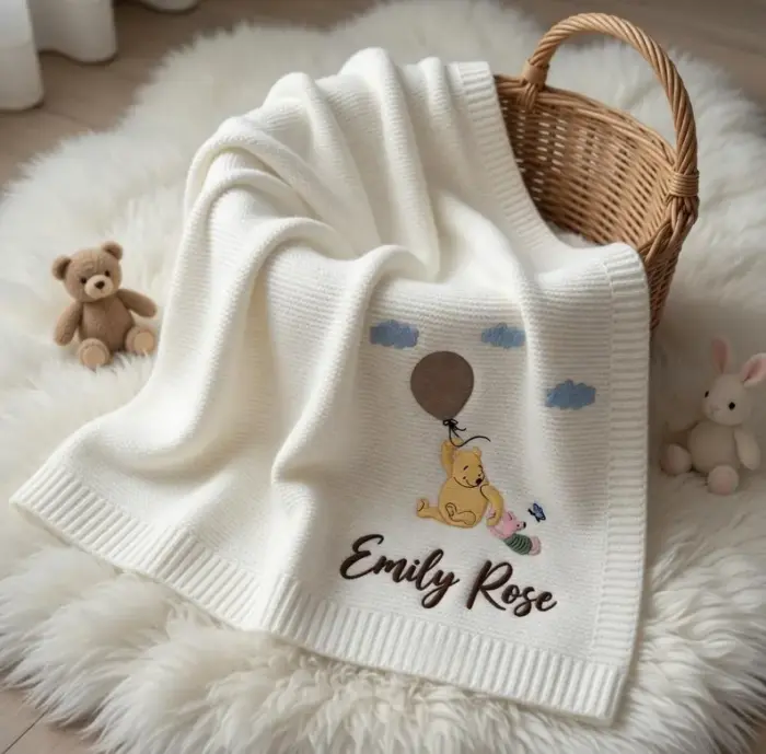 Personalized Embroidered Winnie The Pooh Baby Blanket, Custom Name Blanket, Welcome Baby Blanket, Nursery Keepsake, Newborn Gift For Baby - Image 4