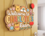 Winnie The Pooh Wooden Name Sign, Personalized Nursery Door Hanger, Pooh Bear Baby Room Decor