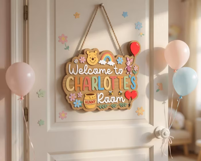 Winnie The Pooh Wooden Name Sign, Personalized Nursery Door Hanger, Pooh Bear Baby Room Decor - Image 2