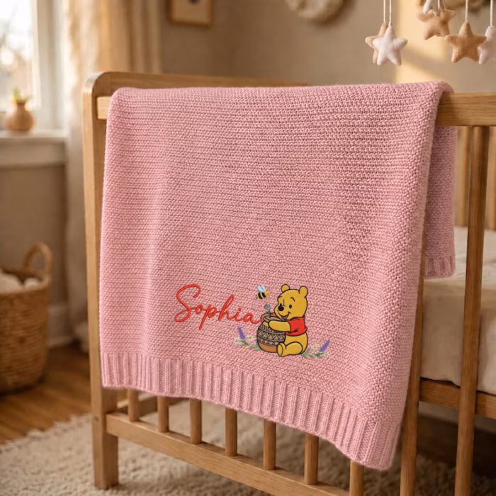 Custom Winnie the Pooh Embroidered Baby Blanket, Personalized Name Disney Honey Pooh Bear Blanket, Gift For Newborn - Image 6