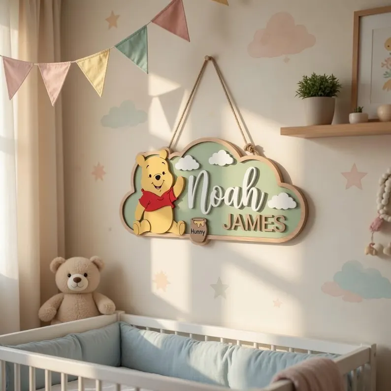 il_794xN.8061731226_spqp Personalized Winnie the Pooh Nursery Name Sign, 3D Wood Bear Wall Art, Custom Baby Room Decor, Pooh Nursery Gift, Wooden Name Plaque - Image 1