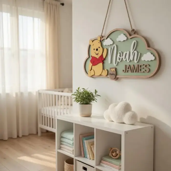 Personalized Winnie the Pooh Nursery Name Sign, 3D Wood Bear Wall Art, Custom Baby Room Decor, Pooh Nursery Gift, Wooden Name Plaque - Image 2