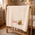 Custom Winnie the Pooh Embroidered Baby Blanket, Personalized Name Disney Honey Pooh Bear Blanket, Gift For Newborn