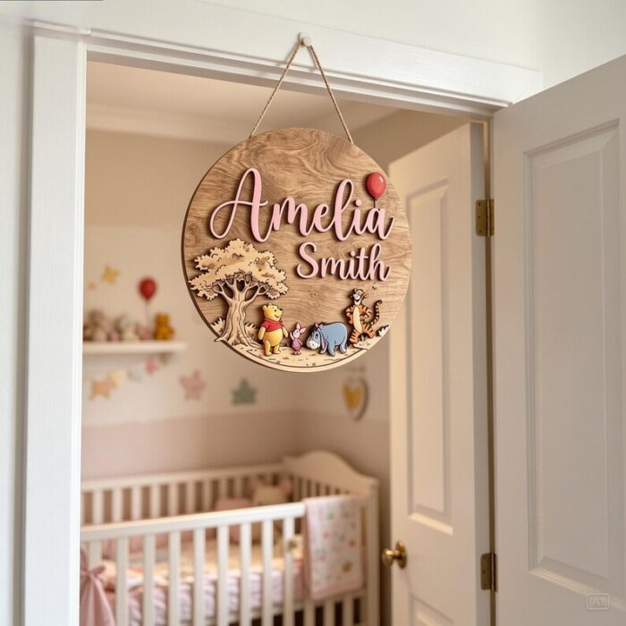 Winnie The Pooh Nursery Sign, Custom Name Sign Girls Room, Disney Wooden Sign Nursery, Round Wood Sign, Kids Bedroom Decor - Image 2