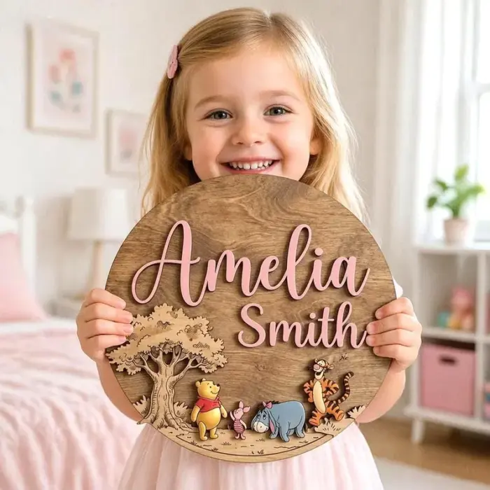 Winnie The Pooh Nursery Sign, Custom Name Sign Girls Room, Disney Wooden Sign Nursery, Round Wood Sign, Kids Bedroom Decor - Image 5