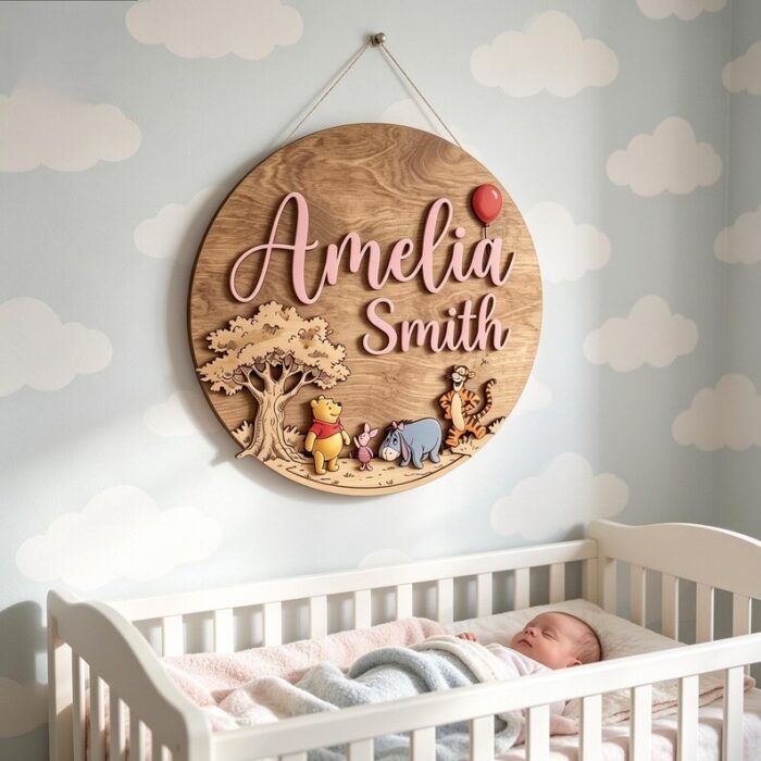 Winnie The Pooh Nursery Sign, Custom Name Sign Girls Room, Disney Wooden Sign Nursery, Round Wood Sign, Kids Bedroom Decor - Image 6