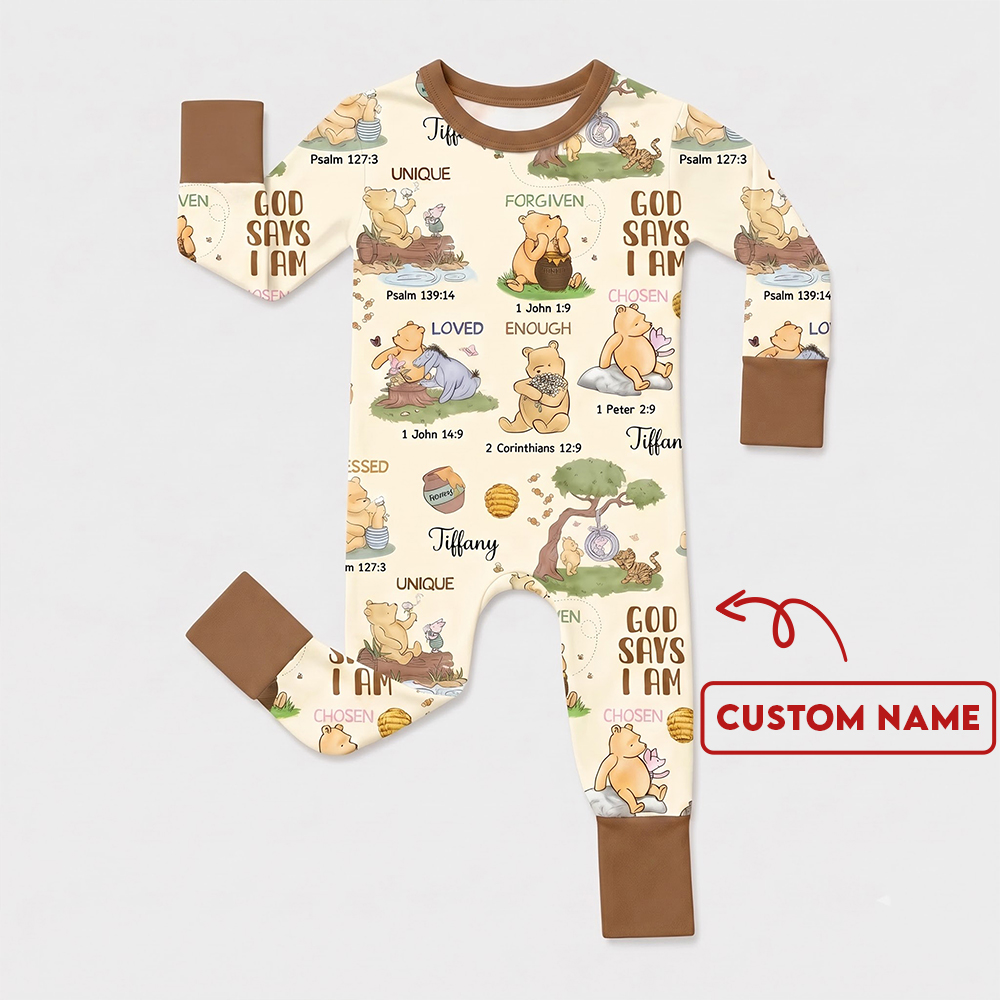 1a Personalized God Says I Am Bamboo Crescent Zippy, Christian Baby Sleeper, Faith Based Baby Gift - Image 1