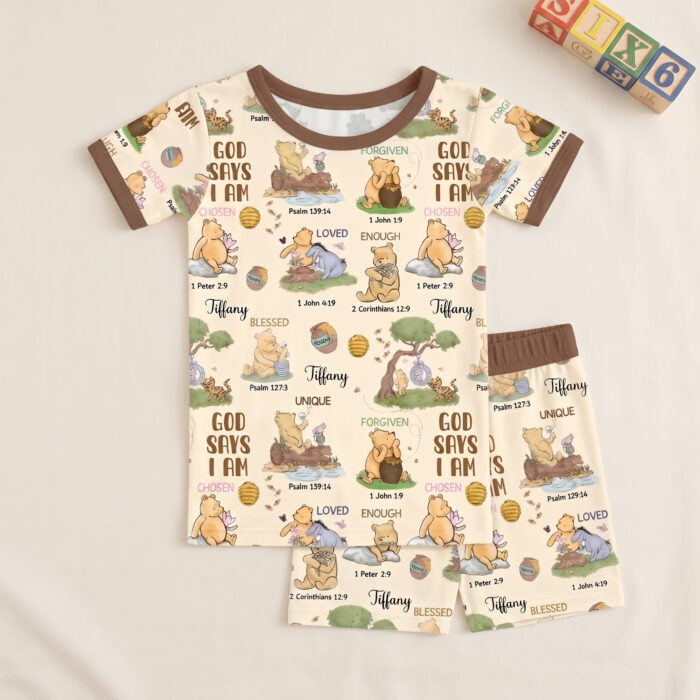 Personalized God Says I Am Bamboo Short Sleeved Pajamas and Shorts, Christian Baby Sleeper, Faith Based Baby Gift - Image 2