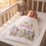 Personalized Embroidered Bunny Floral Baby Blanket, Custom Knit Baby Blanket with Name for Newborn, Gift for Baby, Keepsake Newborn Gift