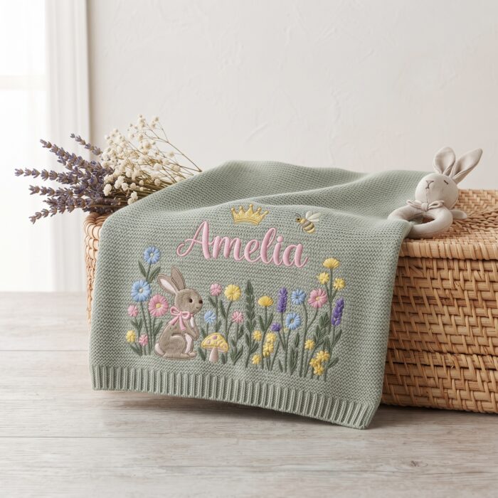 Personalized Embroidered Bunny Floral Baby Blanket, Custom Knit Baby Blanket with Name for Newborn, Gift for Baby, Keepsake Newborn Gift - Image 3